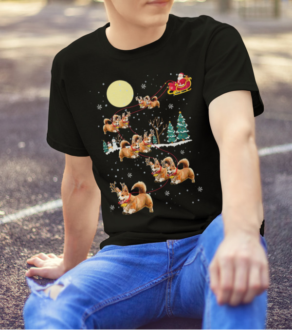 Santa's Sleigh With Christmas Reindeer Corgi Dogs And Snowflakes T-Shirt