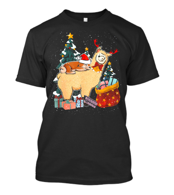 Christmas Cute Santa Corgi On Llama With Gifts And Christmas Trees T-Shirt
