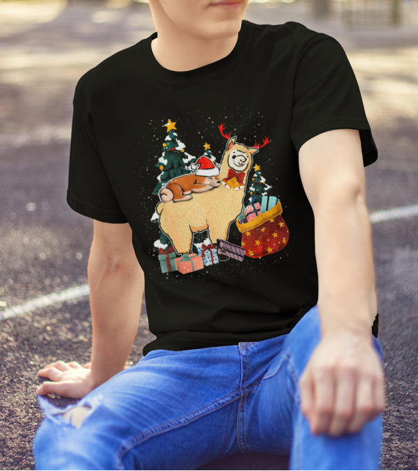 Christmas Cute Santa Corgi On Llama With Gifts And Christmas Trees T-Shirt