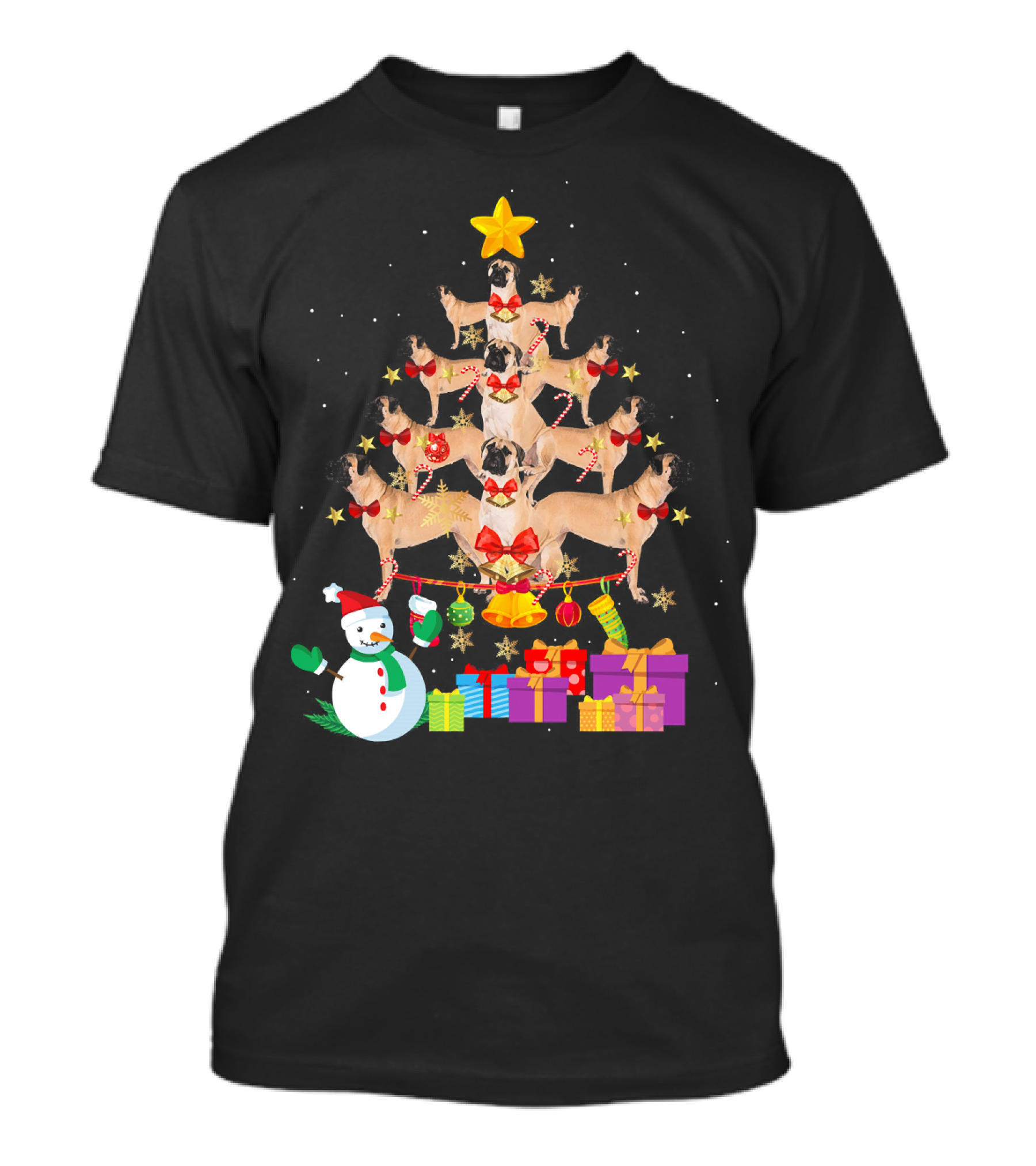 Bullmastiff Christmas Tree With Snowman And Gifts T-Shirt