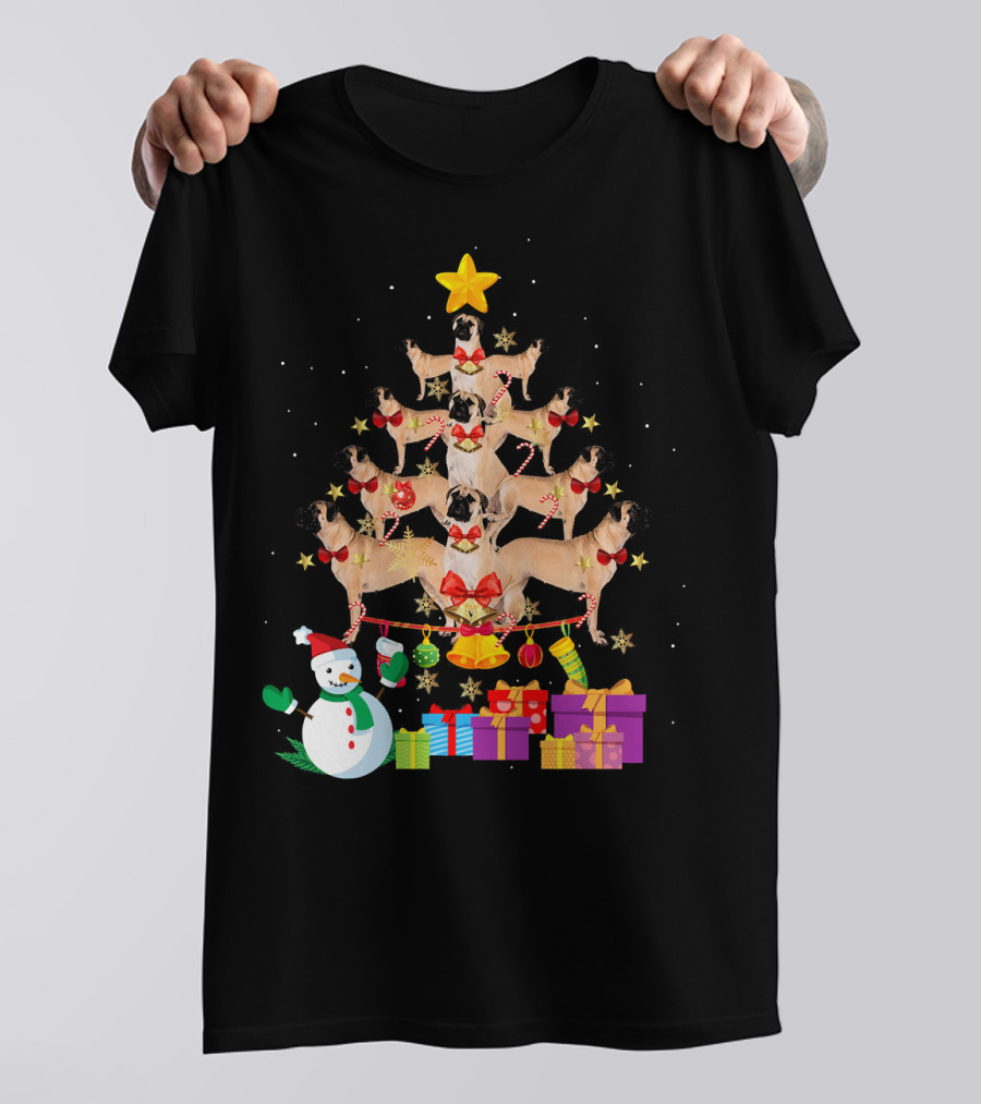 Bullmastiff Christmas Tree With Snowman And Gifts T-Shirt
