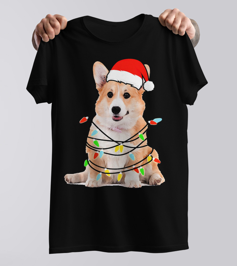 Corgi Santa Hat Wrapped In Christmas Lights T-Shirt