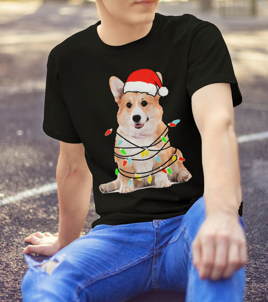 Corgi Santa Hat Wrapped In Christmas Lights T-Shirt