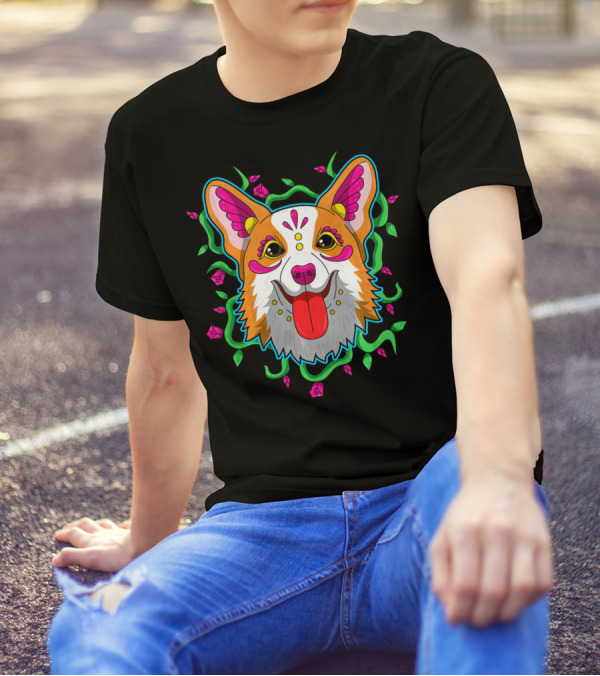 Corgi Sugar Skull Dia De Los Muertos Floral Decor T-Shirt