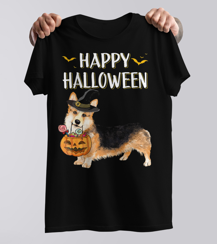 Happy Halloween Corgi With Witch Hat And Pumpkin Basket T-Shirt