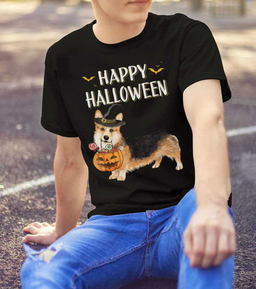 Happy Halloween Corgi With Witch Hat And Pumpkin Basket T-Shirt