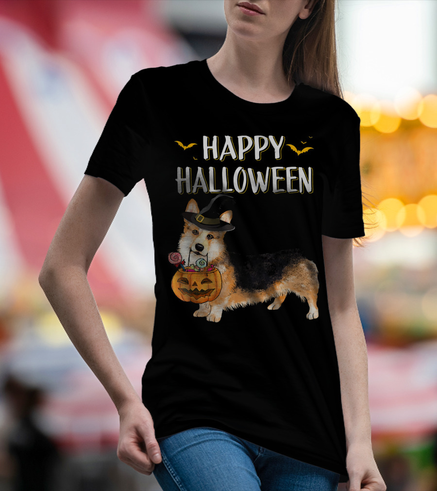 Happy Halloween Corgi With Witch Hat And Pumpkin Basket T-Shirt