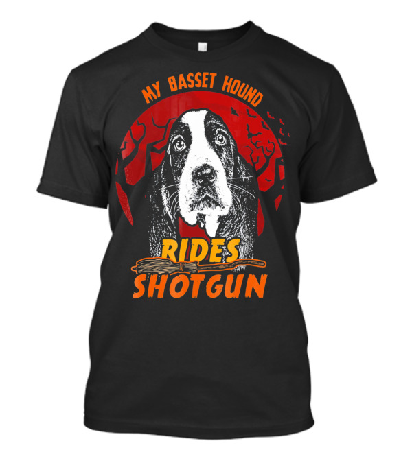 My Basset Hound Rides Shotgun Halloween Moon Bats T-Shirt