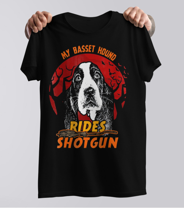 My Basset Hound Rides Shotgun Halloween Moon Bats T-Shirt