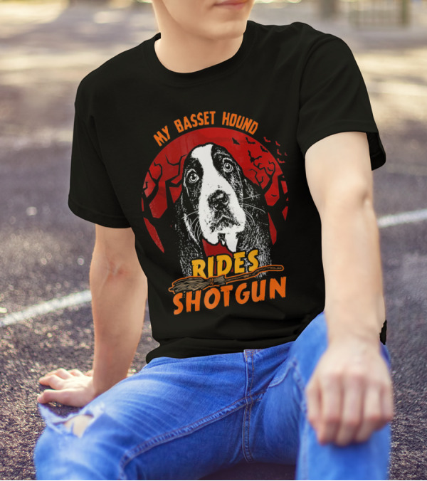 My Basset Hound Rides Shotgun Halloween Moon Bats T-Shirt