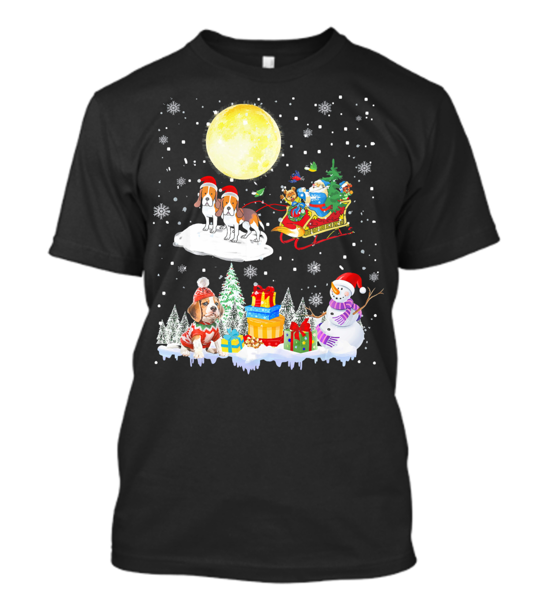 Basset Hound Reindeer Christmas Santa Sled Snowman Gifts Moon Snowflakes T-Shirt