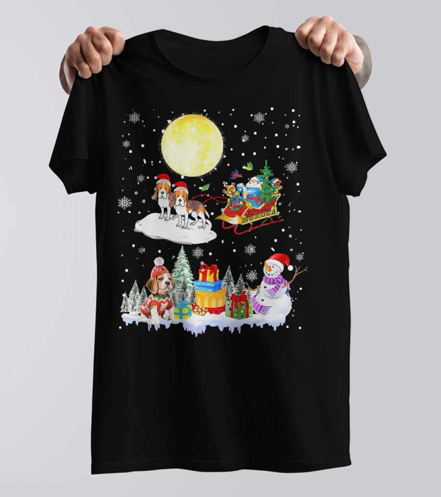 Basset Hound Reindeer Christmas Santa Sled Snowman Gifts Moon Snowflakes T-Shirt