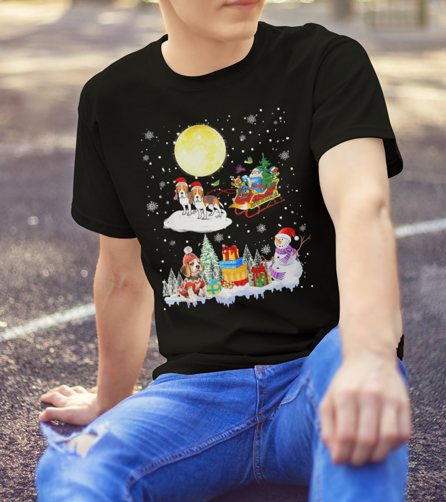 Basset Hound Reindeer Christmas Santa Sled Snowman Gifts Moon Snowflakes T-Shirt