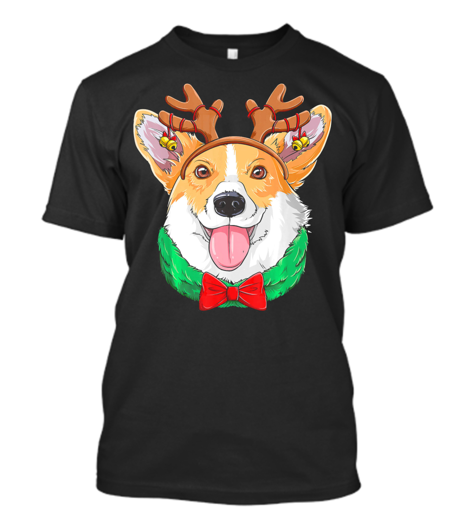 Corgi Christmas Reindeer Antlers Red Bow Green Collar T-Shirt