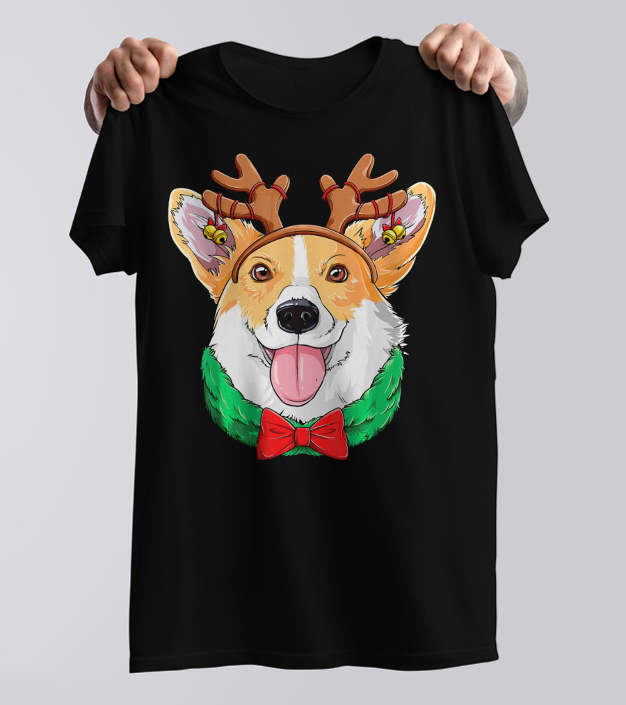 Corgi Christmas Reindeer Antlers Red Bow Green Collar T-Shirt
