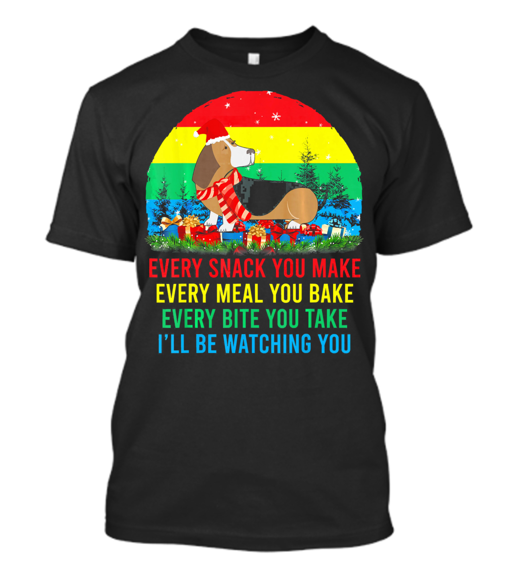 Basset Hound I'll Be Watching You Christmas Dog Rainbow Scarf Santa Hat T-Shirt