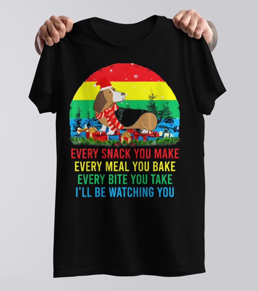 Basset Hound I'll Be Watching You Christmas Dog Rainbow Scarf Santa Hat T-Shirt
