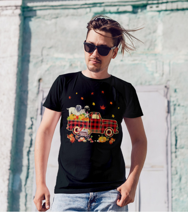 Bullmastiff Pumpkin Truck Fall Leaves Plaid T-Shirt