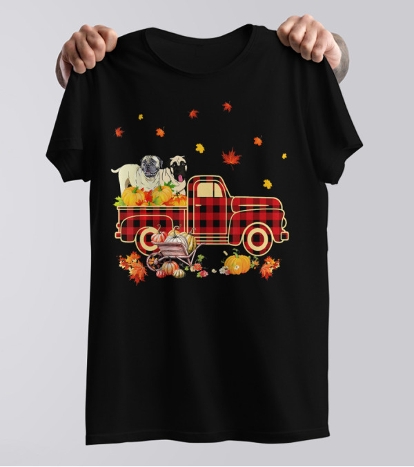 Bullmastiff Pumpkin Truck Fall Leaves Plaid T-Shirt