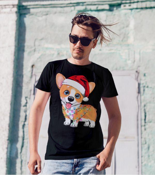 Corgi Christmas Light Funny Dog Santa Hat Love T-Shirt