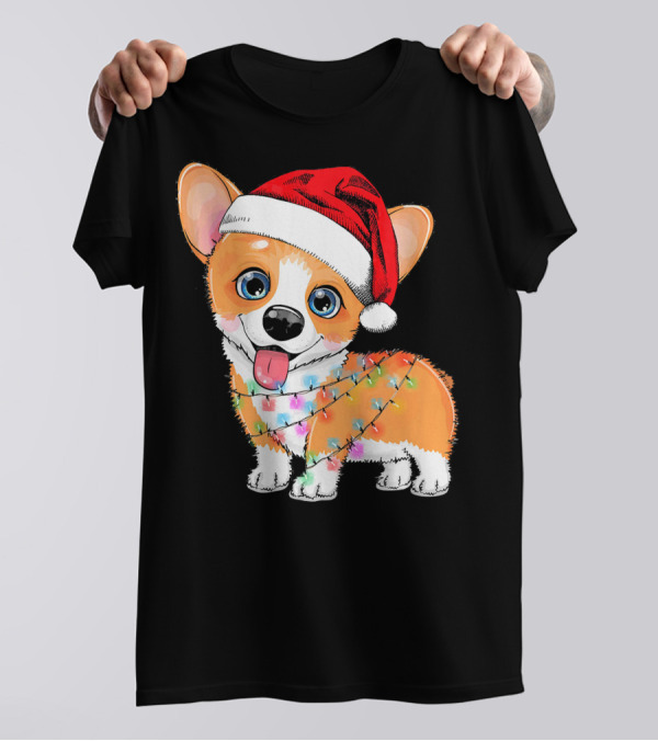 Corgi Christmas Light Funny Dog Santa Hat Love T-Shirt
