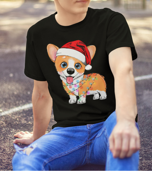 Corgi Christmas Light Funny Dog Santa Hat Love T-Shirt