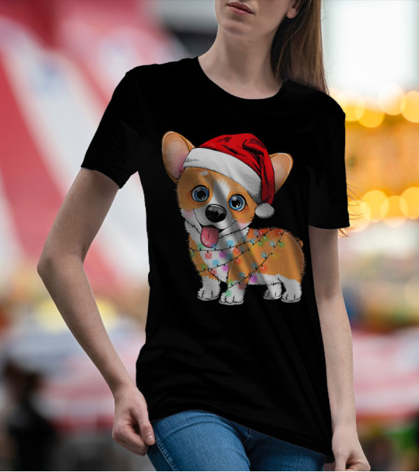 Corgi Christmas Light Funny Dog Santa Hat Love T-Shirt