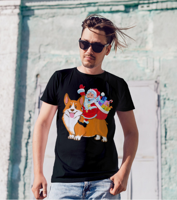 Santa Claus Riding Corgi With Gifts T-Shirt