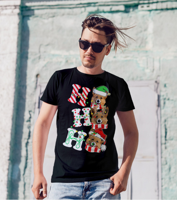 Corgi HO HO HO Christmas Santa Hat Reindeer Antlers Holiday T-Shirt