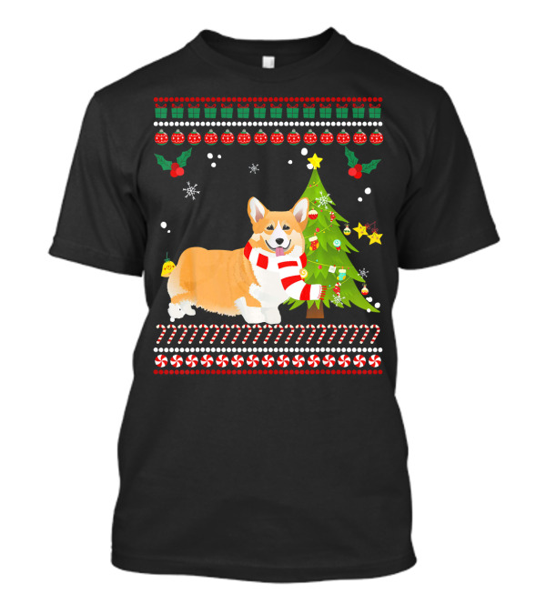 Welsh Corgi With Christmas Pine Tree And Candy Cane Border T-Shirt
