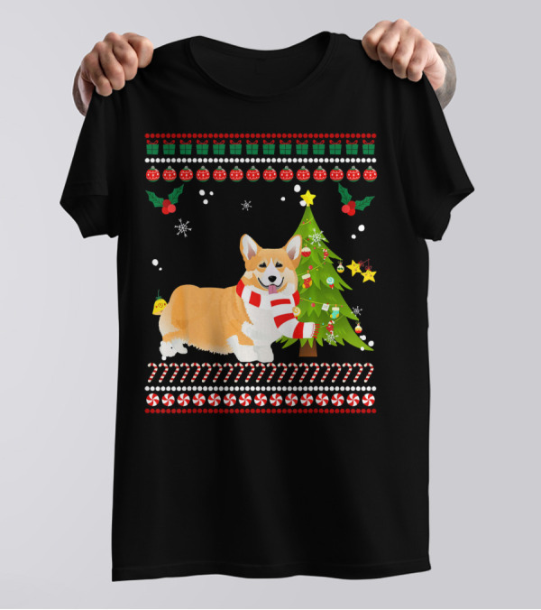 Welsh Corgi With Christmas Pine Tree And Candy Cane Border T-Shirt