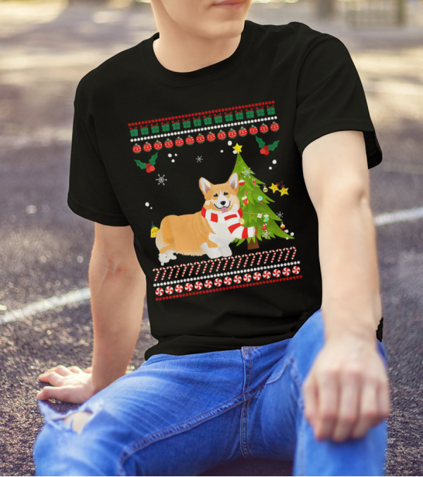 Welsh Corgi With Christmas Pine Tree And Candy Cane Border T-Shirt