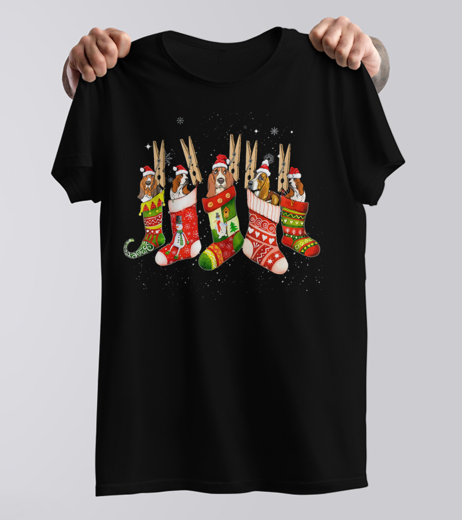 Basset Hounds In Christmas Stockings With Santa Hats And Clothespins T-Shirt