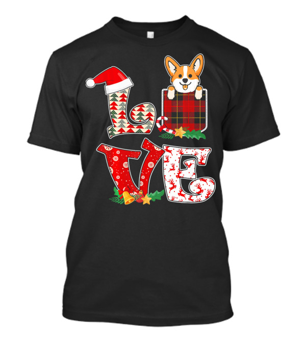 Corgi Love Pocket Christmas Tree Santa Hat Holiday T-Shirt