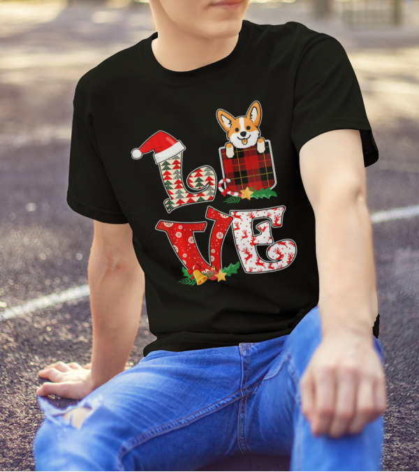 Corgi Love Pocket Christmas Tree Santa Hat Holiday T-Shirt
