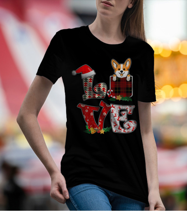 Corgi Love Pocket Christmas Tree Santa Hat Holiday T-Shirt