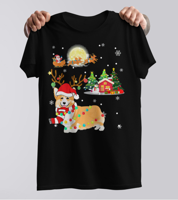 Festive Christmas Welsh Corgi With Santa And Reindeer In Winter Wonderland T-Shirt