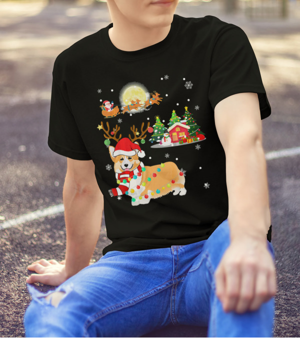 Festive Christmas Welsh Corgi With Santa And Reindeer In Winter Wonderland T-Shirt