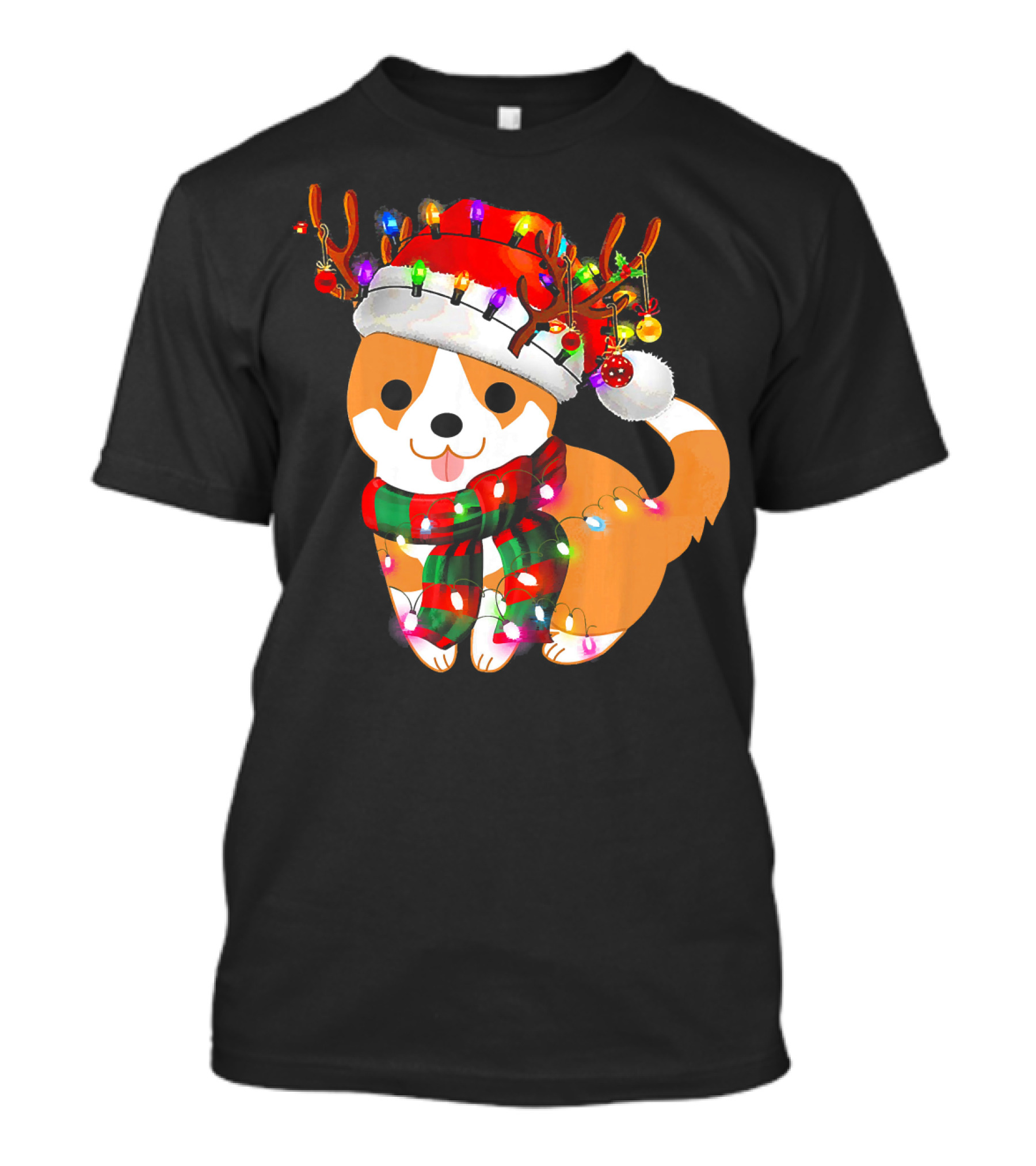 Corgi Puppy Christmas Reindeer Lights And Santa Hat T-Shirt