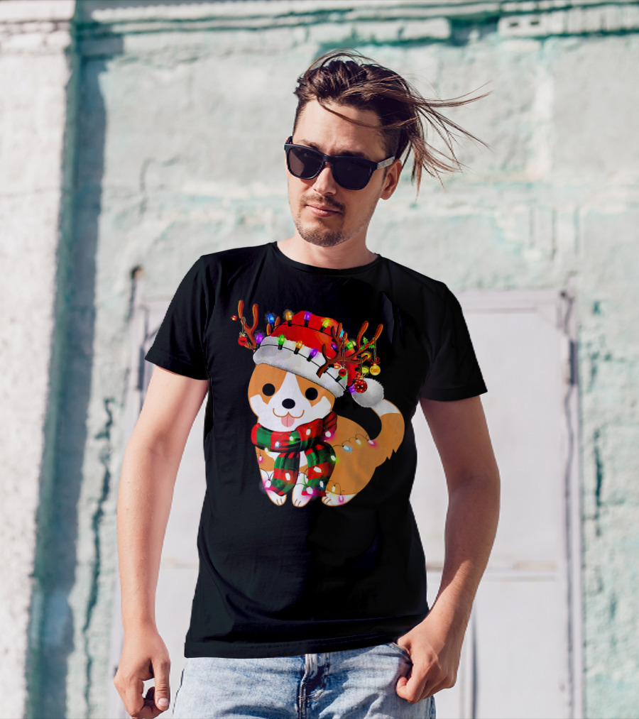 Corgi Puppy Christmas Reindeer Lights And Santa Hat T-Shirt