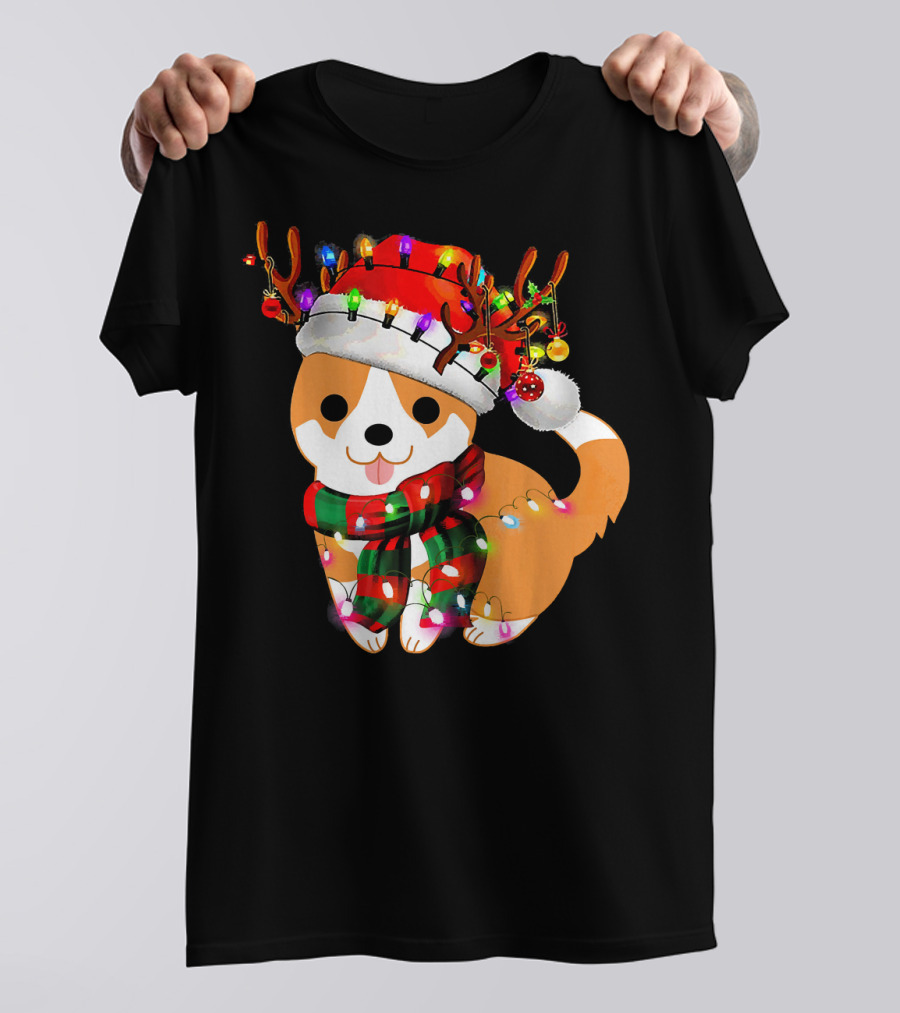 Corgi Puppy Christmas Reindeer Lights And Santa Hat T-Shirt