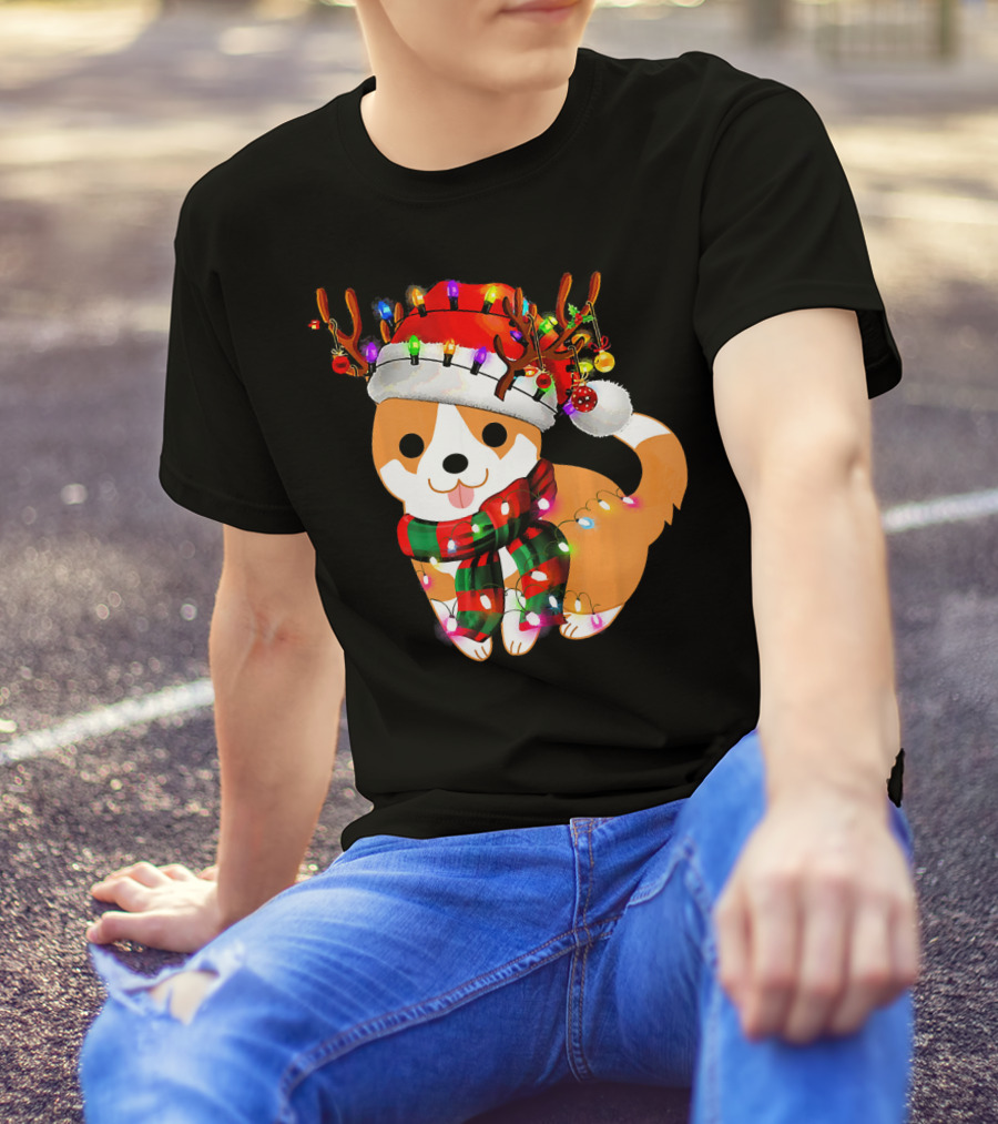 Corgi Puppy Christmas Reindeer Lights And Santa Hat T-Shirt