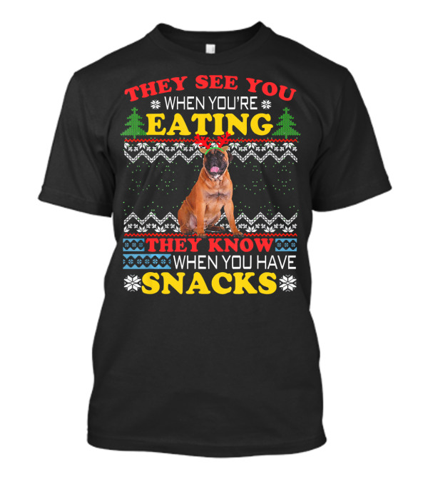 THEY SEE YOU WHEN YOU'RE EATING THEY KNOW WHEN YOU HAVE SNACKS BULLMASTIFF DOG T-Shirt