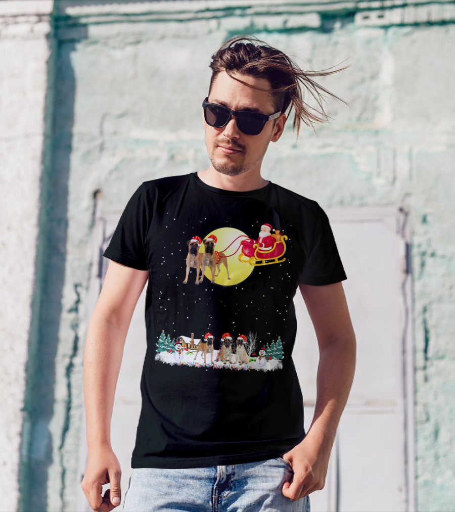 Bullmastiff Christmas Reindeer With Santa And Festive Lights T-Shirt