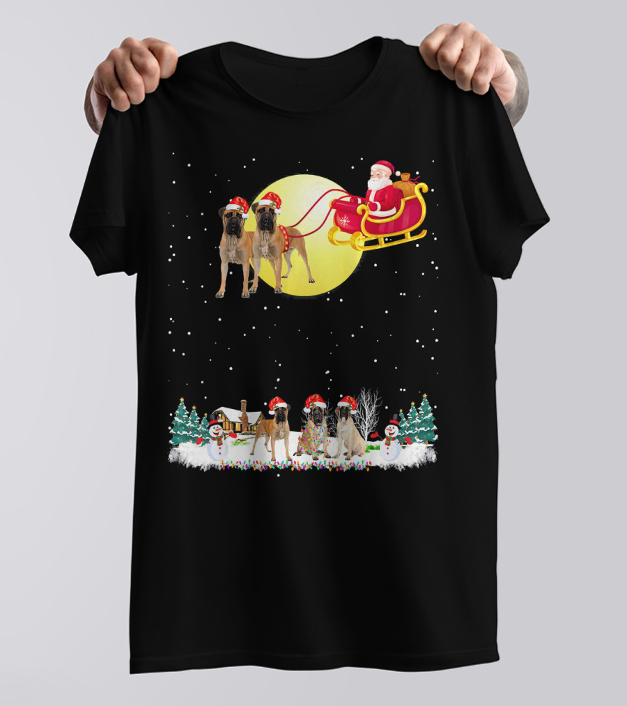 Bullmastiff Christmas Reindeer With Santa And Festive Lights T-Shirt