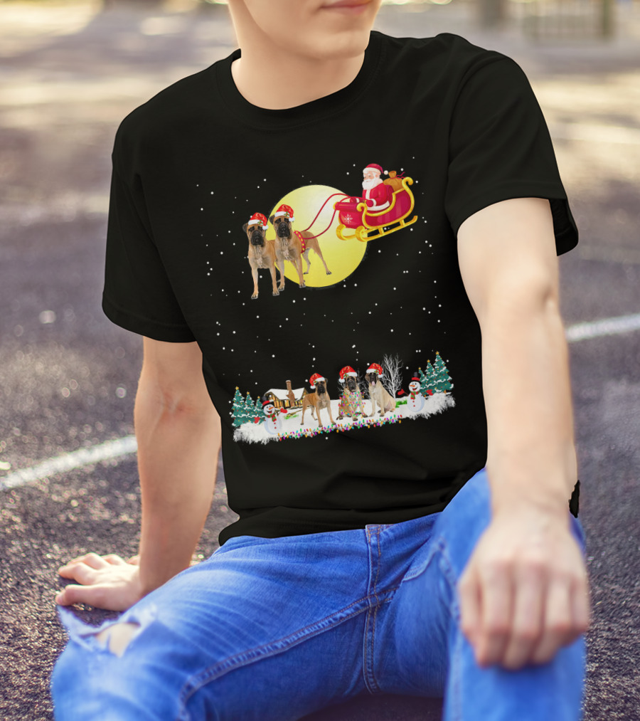 Bullmastiff Christmas Reindeer With Santa And Festive Lights T-Shirt