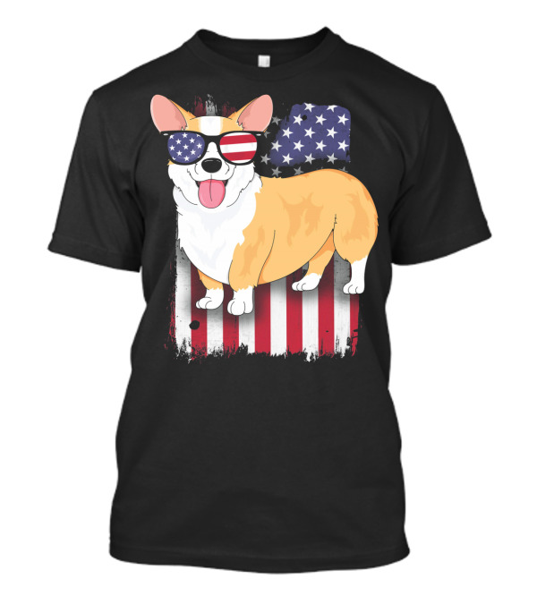 Corgi Wearing American Flag Sunglasses With USA Flag Background T-Shirt