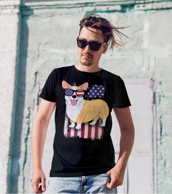 Corgi Wearing American Flag Sunglasses With USA Flag Background T-Shirt