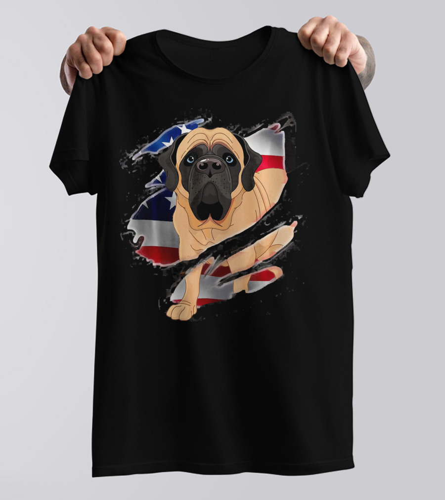 English Mastiff Tearing Through American Flag 4th Of July T-Shirt