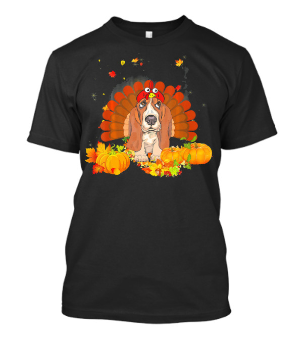 Basset Hound Turkey Autumn Leaves Pumpkins T-Shirt